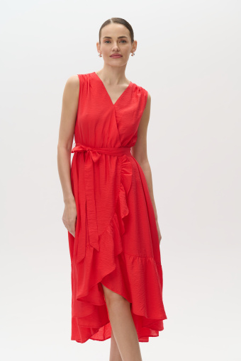 Kobieca czerwona sukienka midi z falbaną