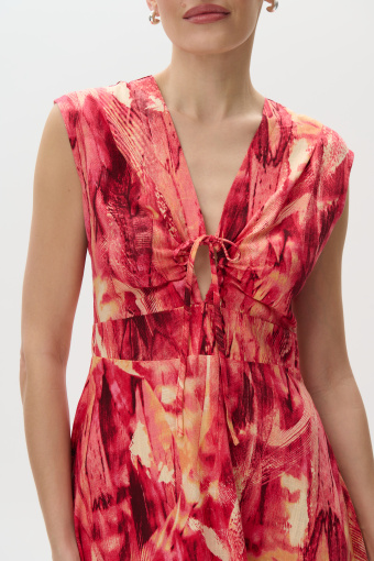 Lniana sukienka midi z wiązaniem przy dekolcie