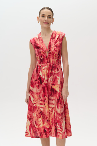 Lniana sukienka midi z wiązaniem przy dekolcie