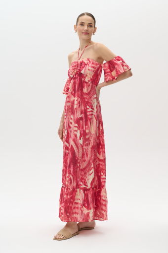 Zwiewna sukienka z tropikalnym nadrukiem w odcieniach różu 