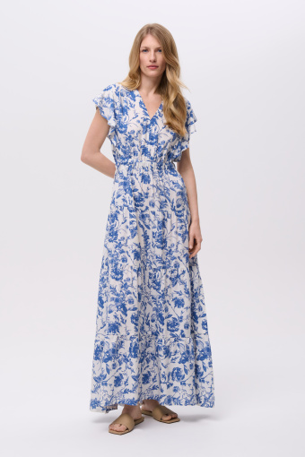 Biało-niebieska sukienka maxi z efektowną falbaną