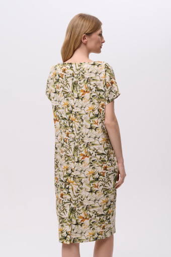 Lniano-wiskozowa sukienka w kwiaty z krótkim rękawem