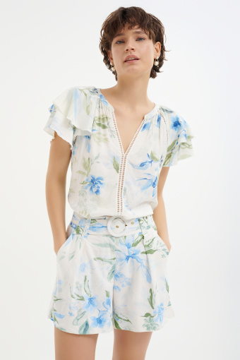 Lniano-wiskozowe szorty w kwiaty 