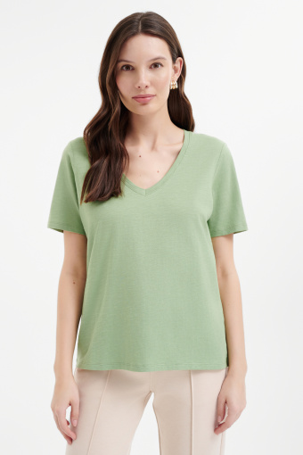 Bawełniany zielony top z dekoltem w serek  Bawełniany zielony top z dekoltem w serek