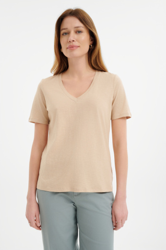 Bawełniany beżowy top z dekoltem w serek 