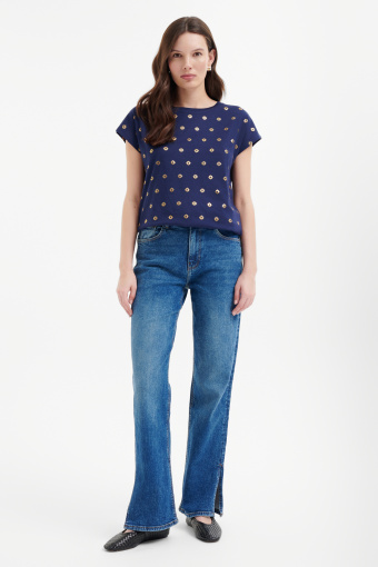 Granatowy top z błyszczącym nadrukiem