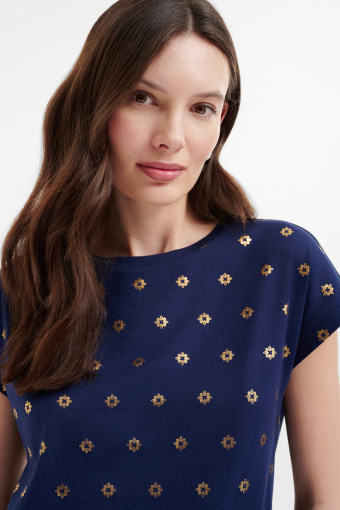 Granatowy top z błyszczącym nadrukiem