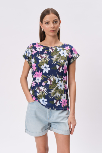 Granatowy top w barwne kwiaty