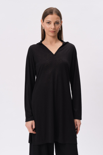 Czarny prześwitujący top z kapturem 