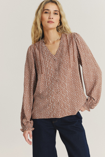 Beżowa bluzka z nadrukiem w drobne kwiaty