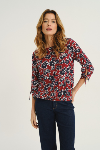 Ciemnoczerwona bluzka w czarne kwiaty rękaw 3/4