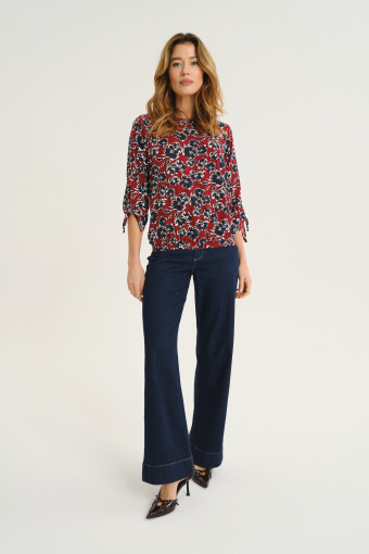 Ciemnoczerwona bluzka w czarne kwiaty rękaw 3/4
