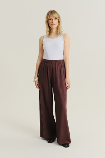 Lniano-wiskozowe spodnie z szeroką nogawką ciemny brąz