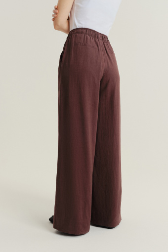 Lniano-wiskozowe spodnie z szeroką nogawką ciemny brąz