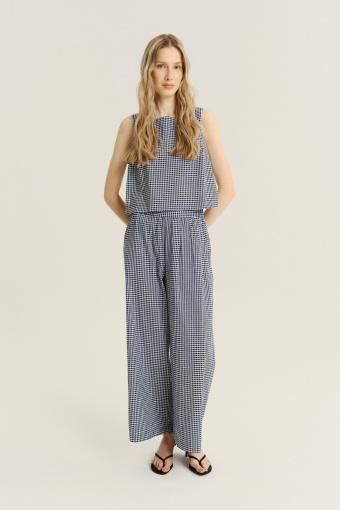 Bawełniano-wiskozowe spodnie w kratę vichy 