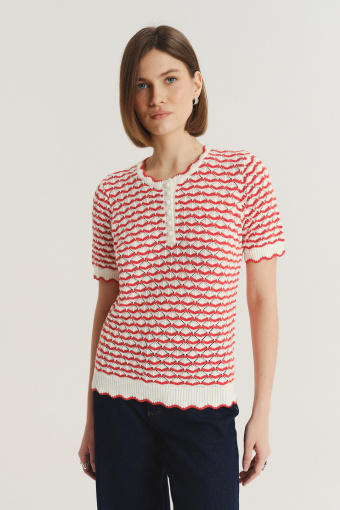 Sweterkowy top z krótkim rękawem czerwono-biały