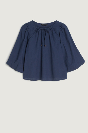 Granatowa bluzka z wiązaniem przy dekolcie