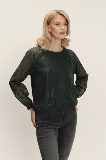 Ciemnozielona bluzka z delikatnym nadrukiem i lekko transparentnymi rękawami