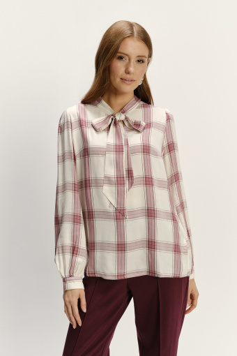 Stylowa biała bluzka z ozdobnym wiązaniem nadruk w kratę