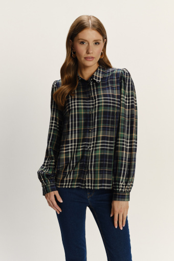 Stylowa koszula z lekko bufiastymi rękawami nadruk w kratę