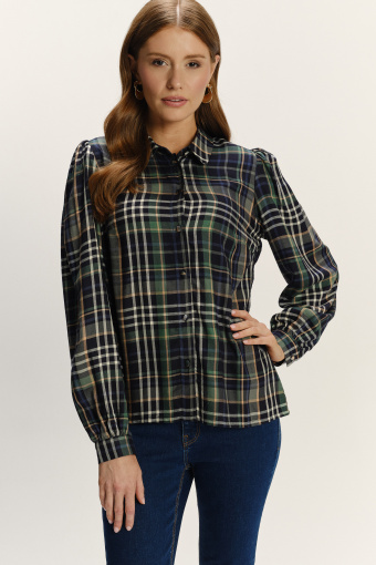 Stylowa koszula z lekko bufiastymi rękawami nadruk w kratę