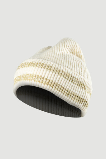 Kremowa czapka typu beanie z kontrastowymi paskami