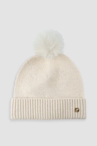 Ciepła kremowa czapka z białym pomponem
