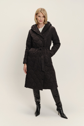 Długa czarna kurtka z paskiem w talii 