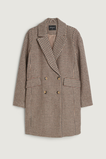 Elegancki dwurzędowy płaszcz w subtelną kratę