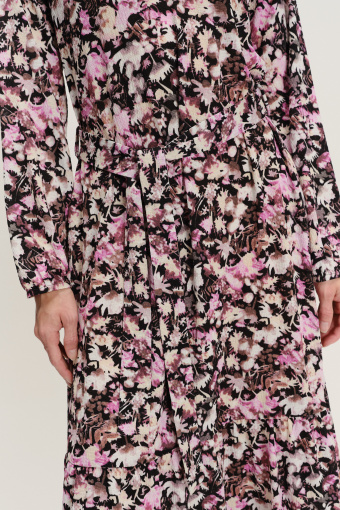 Sukienka midi z długim rękawem nadruk w różowe kwiaty
