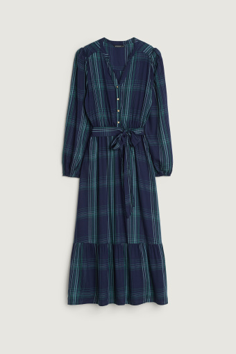 Długa granatowa sukienka w kratę