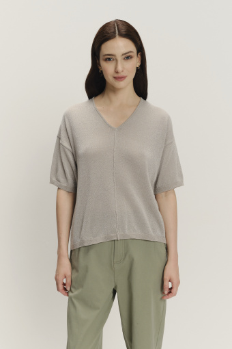 Beżowy sweter z krótkim rękawem oversize 