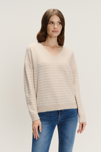 Beżowy sweter w paski z domieszką wełny