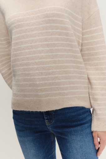 Beżowy sweter w paski z domieszką wełny