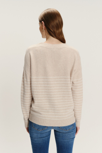 Beżowy sweter w paski z domieszką wełny