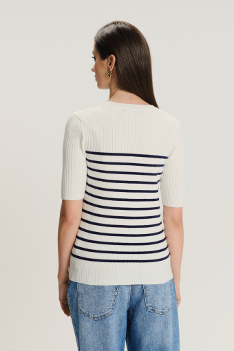 Dzianinowy sweter w kontrastowe paski rękaw do łokcia