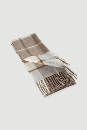 Casualowy wełniany szalik w beżowo-brązową kratę