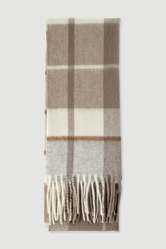 Casualowy wełniany szalik w beżowo-brązową kratę