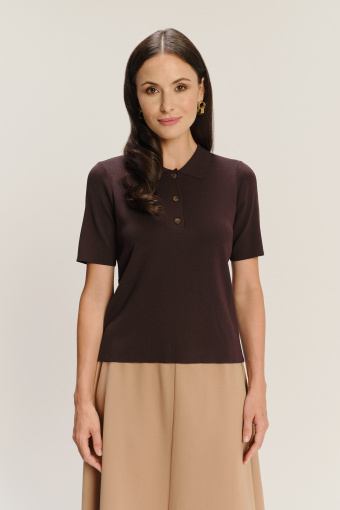 Ciemnobrązowa koszulka typu polo z domieszką wiskozy Ciemnobrązowa koszulka typu polo z domieszką wiskozy