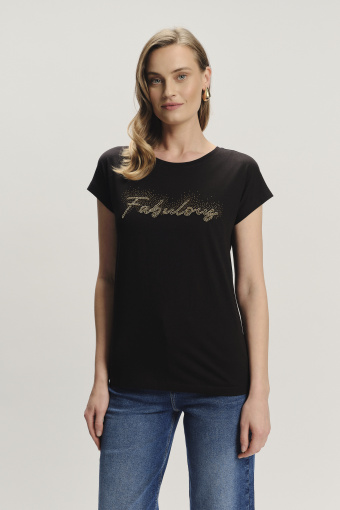 Czarny top z połyskującym napisem z przodu