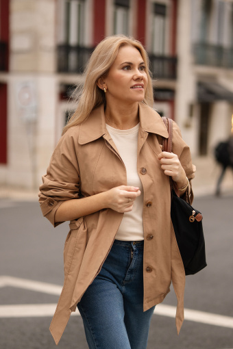 Krótki płaszcz z wiązaniem w talii 