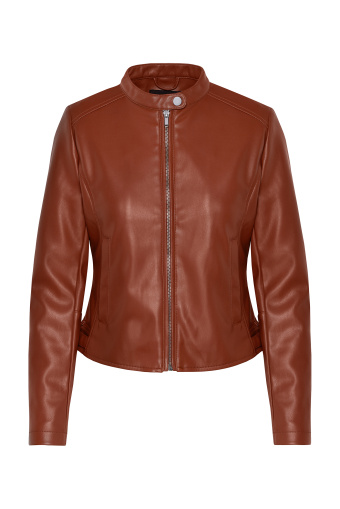 Krótki żakiet z ekologicznej skóry, jasny brąz