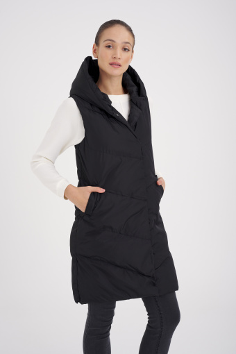 Czarna, pikowana kamizelka z kapturem