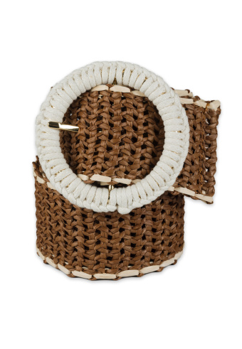 Pleciony pasek z okrągłą klamrą, brązowo-biały Pleciony pasek z okrągłą klamrą, brązowo-biały