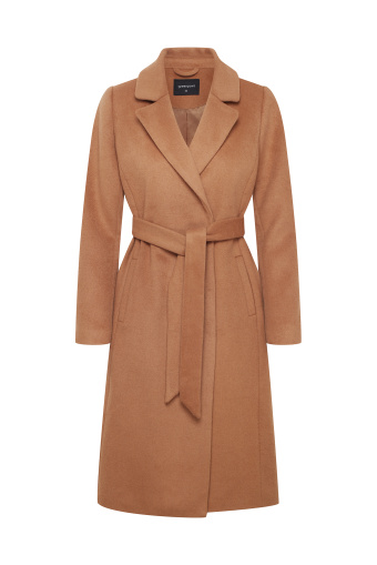 Klasyczny, wełniany płaszcz w beżowym kolorze