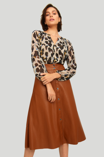 Rozkloszowana spódnica z ozdobnymi zatrzaskami, kolor ochry Rozkloszowana spódnica z ozdobnymi zatrzaskami, kolor ochry