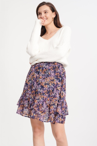 Spódnica mini z ozdobną falbaną, nadruk w łączkę