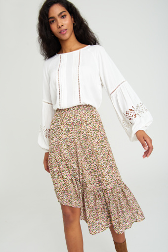 Zwiewna spódnica z falbaną, nadruk w kwiaty