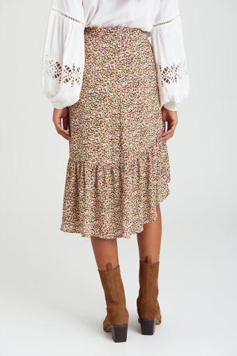 Zwiewna spódnica z falbaną, nadruk w kwiaty