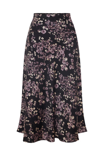 Satynowa spódnica z nadrukiem w drobne kwiaty, czarno-fioletowa Satynowa spódnica z nadrukiem w drobne kwiaty, czarno-fioletowa
